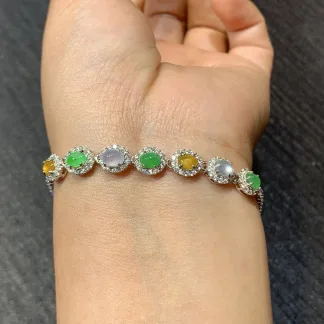 High-Icy Multicolor Natural Jadeite Cabochon Bracelet — S925 Silver · No. 79D5