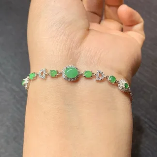 Vivid Green Natural Jadeite Cabochon Bracelet — S925 Silver · No. C446