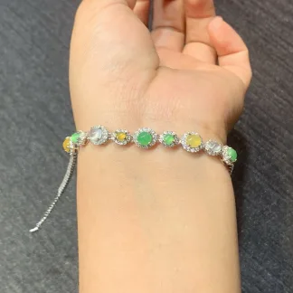 High-Icy Multicolor Natural Jadeite Cabochon Bracelet — S925 Silver · No. 0301