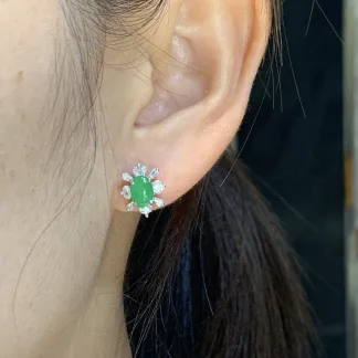 High-Icy Vivid Green Natural Jadeite Cabochon Stud Earrings — S925 Silver · No. A908