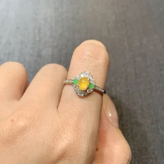 High-Icy Honey Yellow Natural Jadeite Cabochon Ring — S925 Silver · No. D823