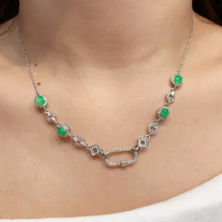 Icy Vivid Green Natural Jadeite Convertible Cabochon Chain — S925 Silver · No. AFE7