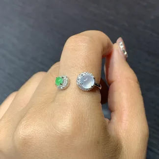 High-Icy White and Green Natural Jadeite Cabochon Ring — S925 Silver · No. 34E7