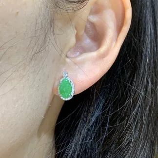 Vivid Green Natural Jadeite Cabochon Stud Earrings — S925 Silver · No. 2319