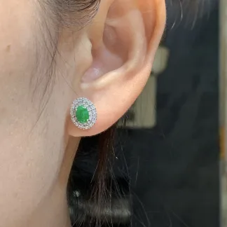 Vivid Green Natural Jadeite Cabochon Stud Earrings — S925 Silver · No. 95E4