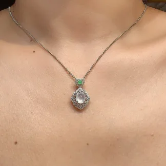 High-Icy Glowing Natural Jadeite Cabochon Pendant — S925 Silver · No. 3E67