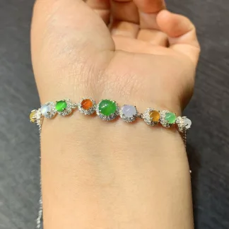 High-Icy Multicolor Natural Jadeite Cabochon Bracelet — S925 Silver · No. 0E87
