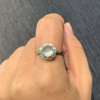 High-Icy Glowing Radiant Cabochon Natural Jadeite Cabochon Ring — S925 Silver · No. 09FA