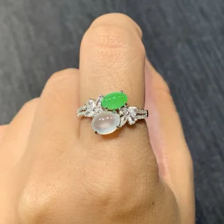 High-Icy Glowing White and Green Natural Jadeite Cabochon Ring — S925 Silver · No. 7E52