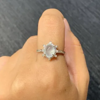 High-Icy Snowflake-Inclusion Natural Jadeite Cabochon Ring — S925 Silver · No. A087