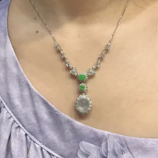 High-Icy Glowing Natural Jadeite Cabochon Necklace — S925 Silver · No. 0E1C