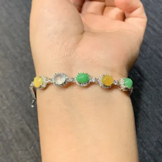 High-Icy Multicolor Natural Jadeite Cabochon Bracelet — S925 Silver · No. F556