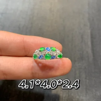 Rich Color Icy Green Natural Jadeite Multi-Stone Cabochon Band — S925 Silver · No. 6AF1
