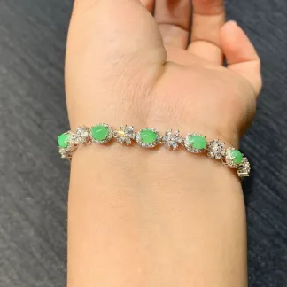 High-Icy Soft Vivid Green Natural Jadeite Cabochon Bracelet — S925 Silver · No. DC42