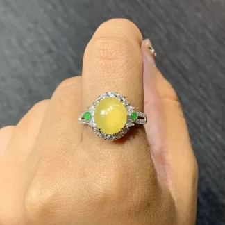 High-Icy Honey Yellow Natural Jadeite Cabochon Ring — S925 Silver · No. 8DE0