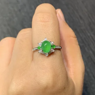 High-Icy Vivid Green Natural Jadeite Cabochon Ring — S925 Silver · No. 5EE1
