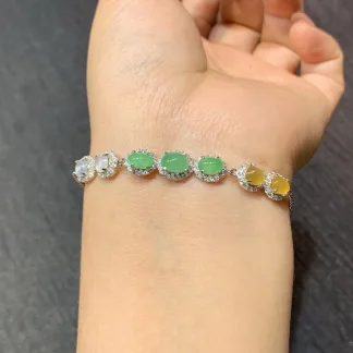 High-Icy Tricolor Natural Jadeite Cabochon Bracelet — S925 Silver · No. 4AFA