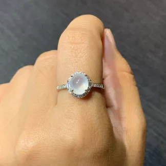 High-Icy Glowing Natural Jadeite Cabochon Ring — S925 Silver · No. DF4B