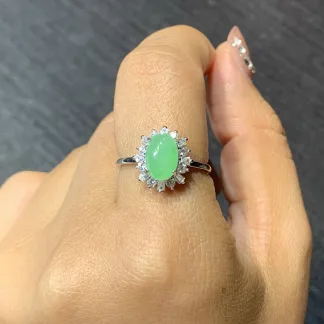 Icy Fresh Vivid Green Natural Jadeite Cabochon Ring — S925 Silver · No. F904