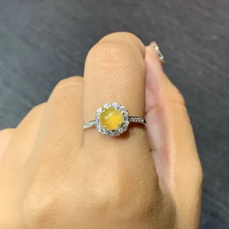 High-Icy Honey Yellow Natural Jadeite Cabochon Ring — S925 Silver · No. 8294