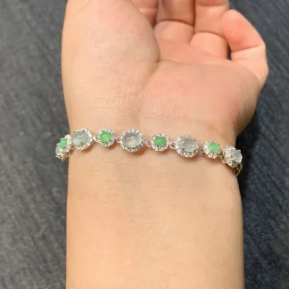 High-Icy Glowing White and Green Natural Jadeite Cabochon Bracelet — S925 Silver · No. 4995