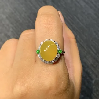 High-Icy Honey Yellow Natural Jadeite Cabochon Ring — S925 Silver · No. E917
