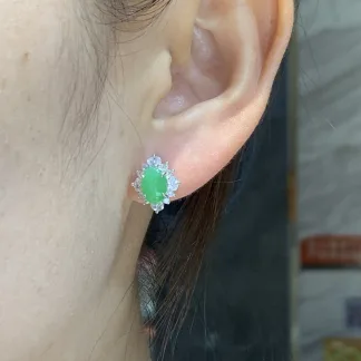 Icy Vivid Green Natural Jadeite Cabochon Stud Earrings — S925 Silver · No. 549A