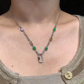 High-Icy Multicolor Natural Jadeite Convertible Cabochon Chain — S925 Silver · No. 1C3D