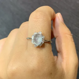 High-Icy Glowing Mottled Natural Jadeite Cabochon Ring — S925 Silver · No. B916
