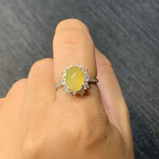 High-Icy Honey Yellow Natural Jadeite Cabochon Ring — S925 Silver · No. 4390