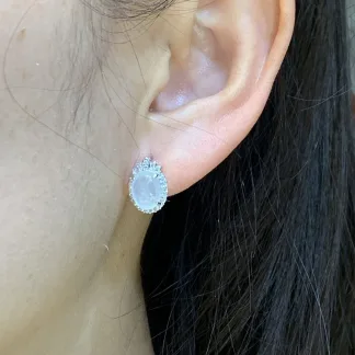 High-Icy Glowing Natural Jadeite Cabochon Stud Earrings — S925 Silver · No. 46F1