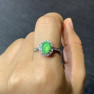 High-Icy Glowing Green Natural Jadeite Cabochon Ring — S925 Silver · No. 8D1B