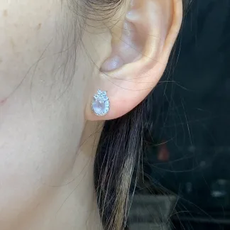High-Icy Glowing Natural Jadeite Cabochon Stud Earrings — S925 Silver · No. 055B