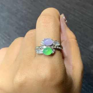 High-Icy Lavender and Green Natural Jadeite Cabochon Ring — S925 Silver · No. C8EF