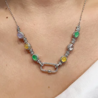High-Icy Multicolor Natural Jadeite Convertible Cabochon Chain — S925 Silver · No. 3C24