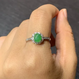 Vivid Green Natural Jadeite Cabochon Ring — S925 Silver · No. A954