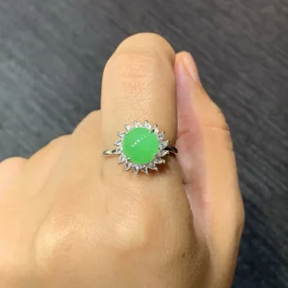 Icy Vivid Green Natural Jadeite Cabochon Ring — S925 Silver · No. 623F