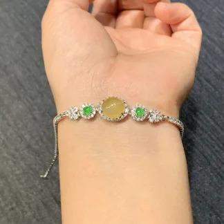 High-Icy Honey Yellow Natural Jadeite Cabochon Bracelet — S925 Silver · No. 054D