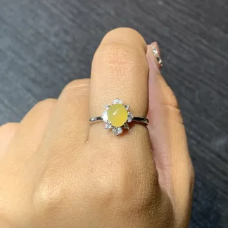High-Icy Honey Yellow Natural Jadeite Cabochon Ring — S925 Silver · No. D788
