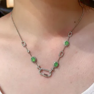 Icy Glowing Green Natural Jadeite Convertible Cabochon Chain — S925 Silver · No. 6830