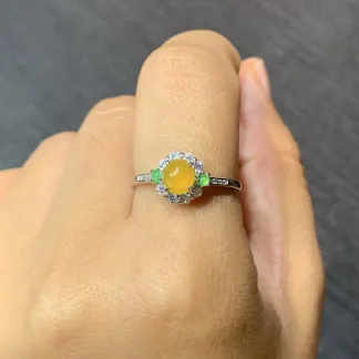 High-Icy Honey Yellow Cabochon Petite Natural Jadeite Ring — S925 Silver · No. D6EC