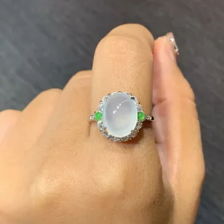 High-Icy Glowing Natural Jadeite Cabochon Ring — S925 Silver · No. 3448