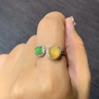 High-Icy Yellow and Green Natural Jadeite Cabochon Ring — S925 Silver · No. 4791