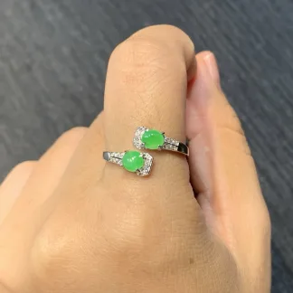 Icy Vivid Green Natural Jadeite Twin Cabochon Ring — S925 Silver · No. 1F3E