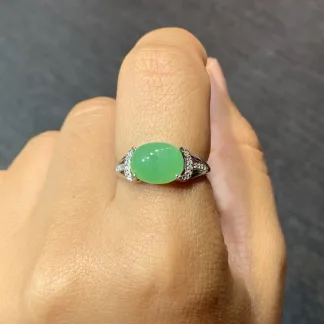Icy Vivid Green Cabochon Saddle Natural Jadeite Ring — S925 Silver · No. 52B4
