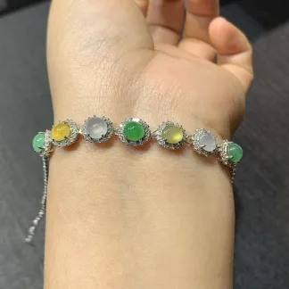 High-Icy Multicolor Natural Jadeite Cabochon Bracelet — S925 Silver · No. EEA6