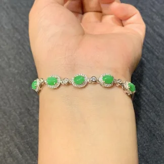 Icy Vivid Green Natural Jadeite Cabochon Bracelet — S925 Silver · No. 596D