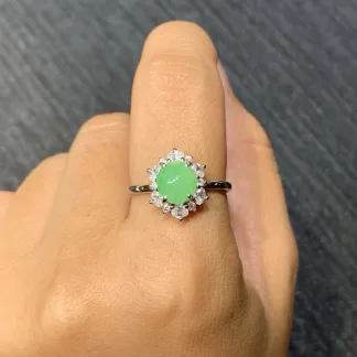 Icy Soft Fresh Green Natural Jadeite Cabochon Ring — S925 Silver · No. 7D0B