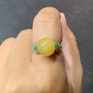 Icy Honey Yellow Natural Jadeite Cabochon Ring — S925 Silver · No. 3EBC