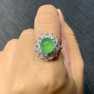 High-Icy Clear Vivid Green Natural Jadeite Cabochon Ring — S925 Silver · No. 600C
